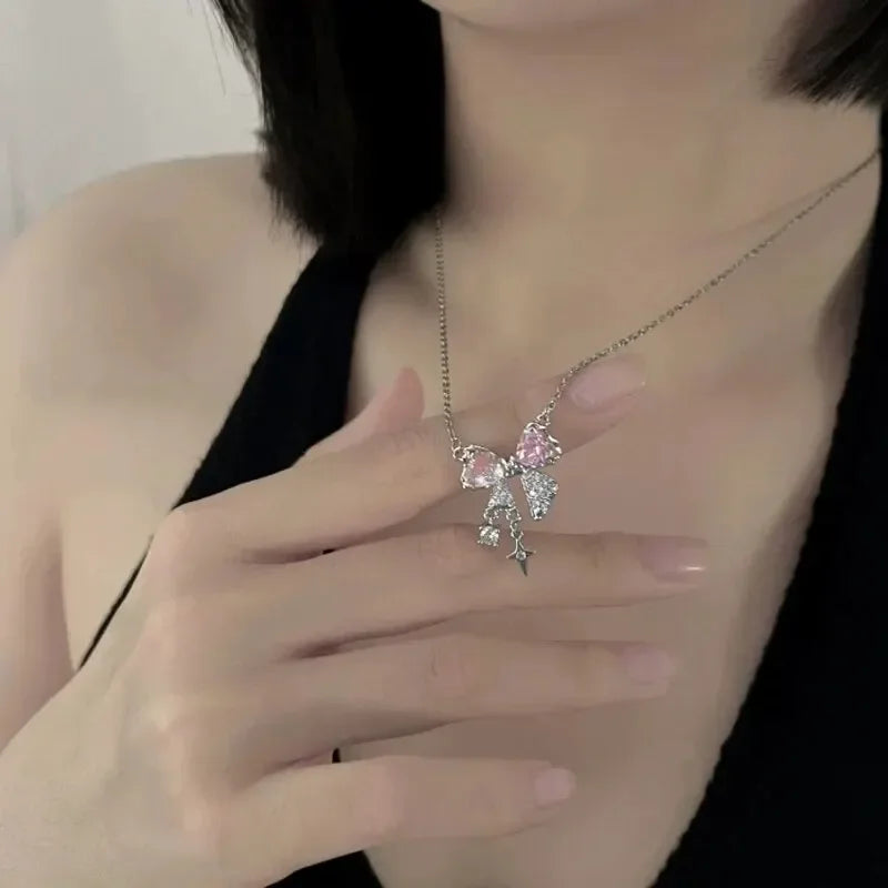 Fashion Fairy Pink Crystal Bow Knot Pendant Necklaces Y2K Girls Sweet Rhinestone Heart Clavicle Chain Women Jewelry Gifts