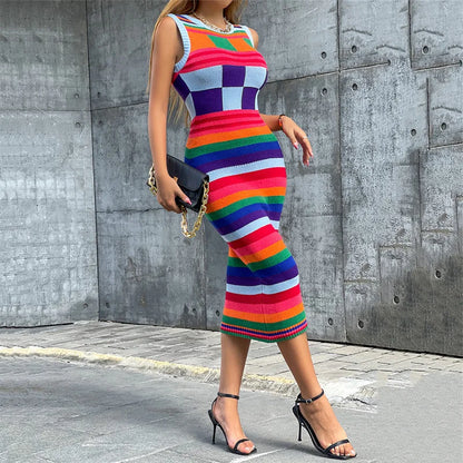 women's clothing  autumn/winter new fashionable contrasting color Christmas sweater long slim fit wrapped buttocks knitted dress