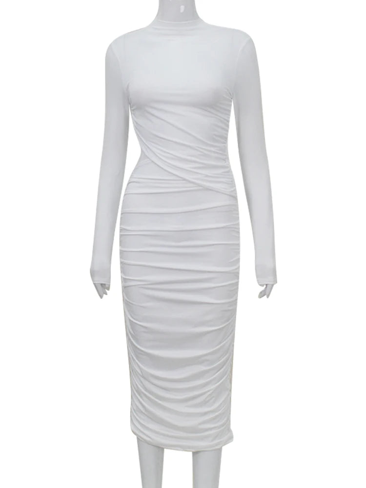 Casual Women Dress Fashion Sexy Solid Streetwear O-Neck Full Sleeve Hollow Out Sheath Long Elegant Bodycon Vestidos Robe Female