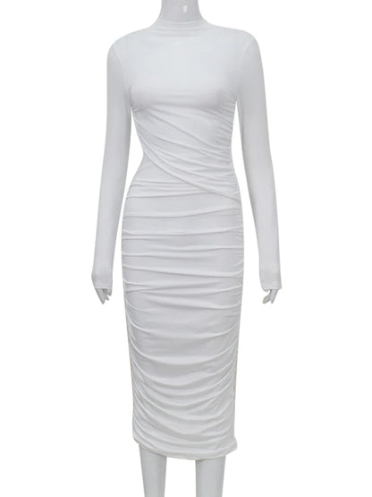 Casual Women Dress Fashion Sexy Solid Streetwear O-Neck Full Sleeve Hollow Out Sheath Long Elegant Bodycon Vestidos Robe Female