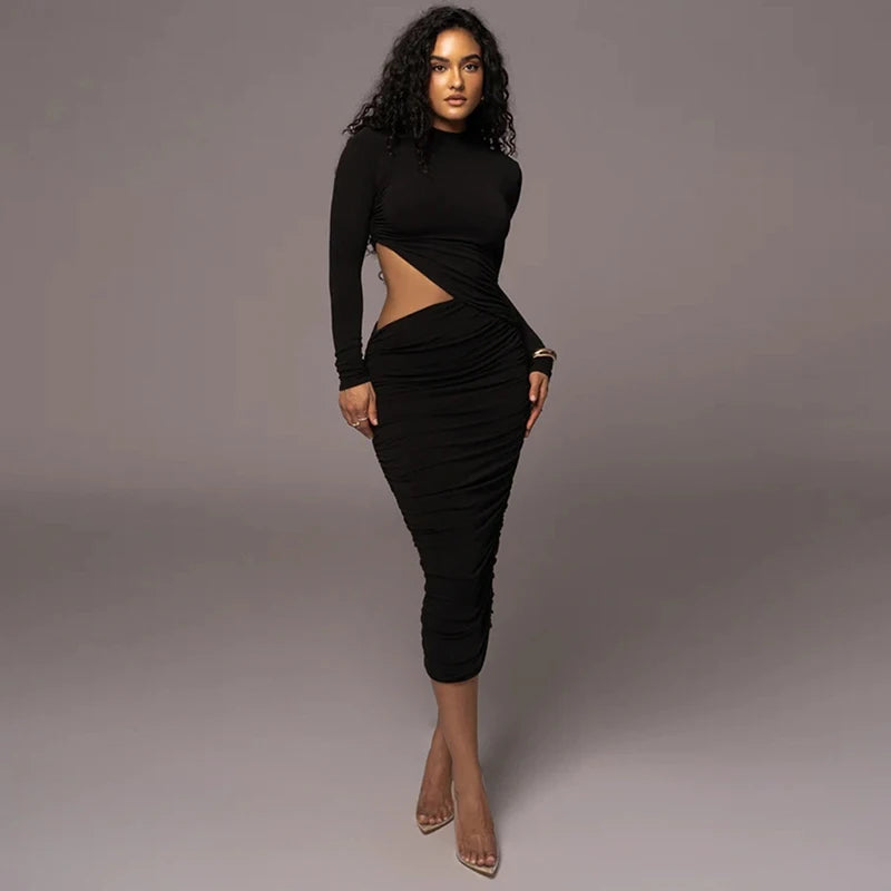 Casual Women Dress Fashion Sexy Solid Streetwear O-Neck Full Sleeve Hollow Out Sheath Long Elegant Bodycon Vestidos Robe Female