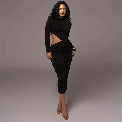 Casual Women Dress Fashion Sexy Solid Streetwear O-Neck Full Sleeve Hollow Out Sheath Long Elegant Bodycon Vestidos Robe Female