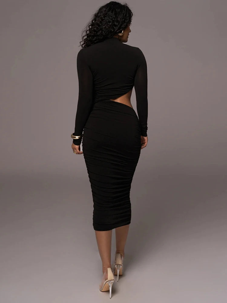 Casual Women Dress Fashion Sexy Solid Streetwear O-Neck Full Sleeve Hollow Out Sheath Long Elegant Bodycon Vestidos Robe Female