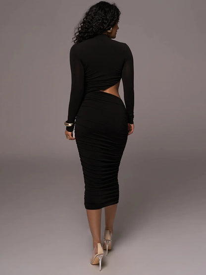 Casual Women Dress Fashion Sexy Solid Streetwear O-Neck Full Sleeve Hollow Out Sheath Long Elegant Bodycon Vestidos Robe Female