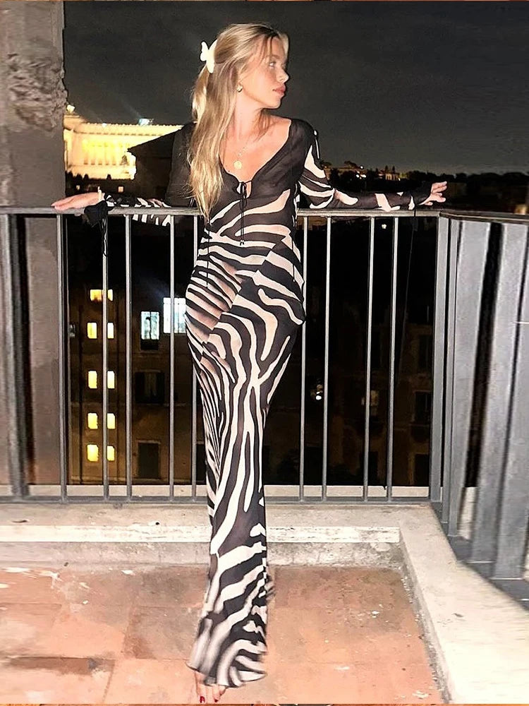 Whatiwear Sexy See Through Dress Women Fashion Print Low-Neck Shirring Flared Sleeve Midnight Club Party Coquette Long Bodycon