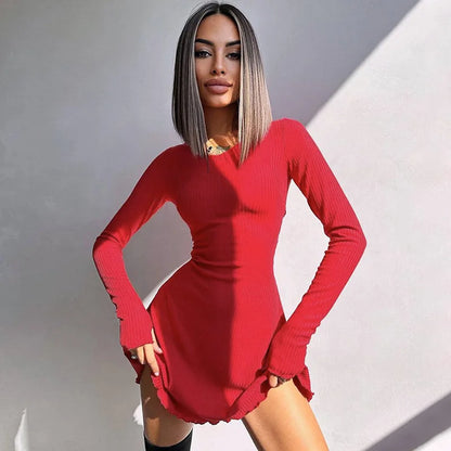 Women's 2024 Fall/Winter Fashion Simple Dress Long Sleeve Knitted Streetwear Slim Fit Short Mini Dress