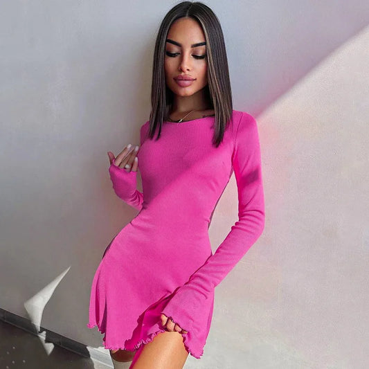 Women's 2024 Fall/Winter Fashion Simple Dress Long Sleeve Knitted Streetwear Slim Fit Short Mini Dress